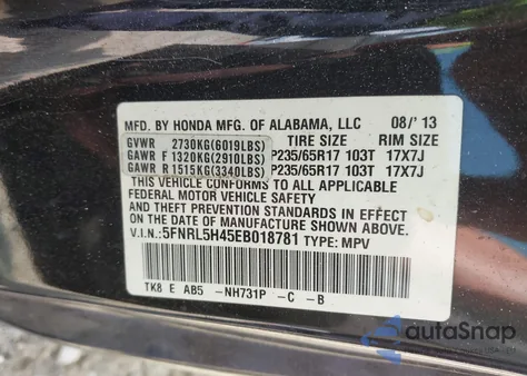 2014 Honda Odyssey Ex z USA, uszkodzony, nr VIN 5FNRL5H45EB018781
